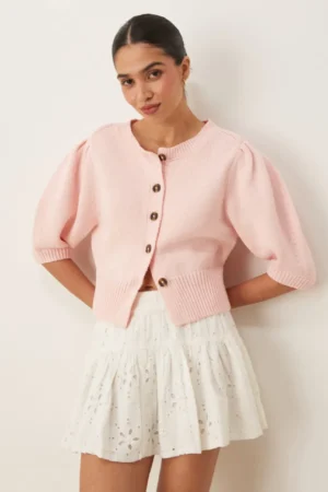 Crew neck cardigan puff sleeve