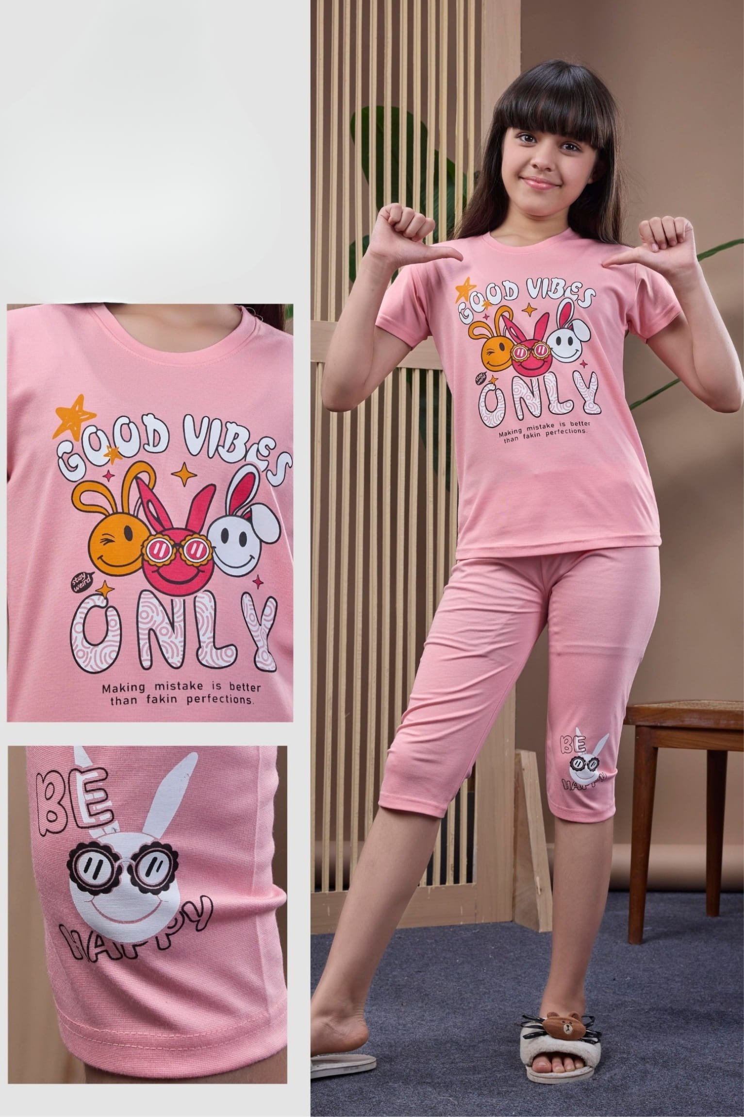 Girls Pink Cotton Capri Set - Image 3